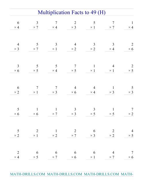 The Multiplication Facts to 49 (no zeros) (H) Math Worksheet