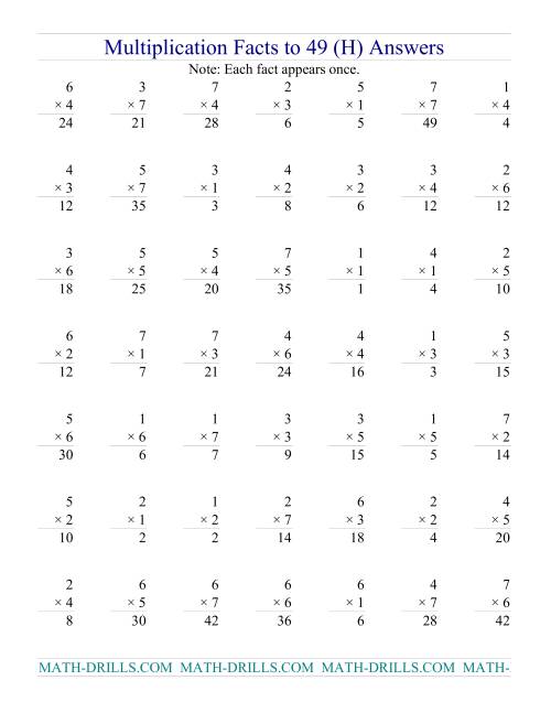 The Multiplication Facts to 49 (no zeros) (H) Math Worksheet Page 2