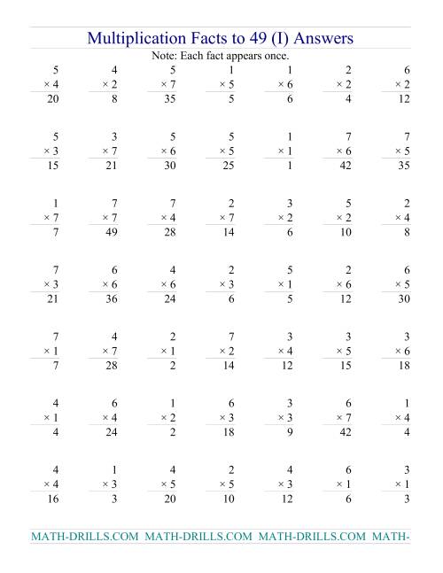 The Multiplication Facts to 49 (no zeros) (I) Math Worksheet Page 2