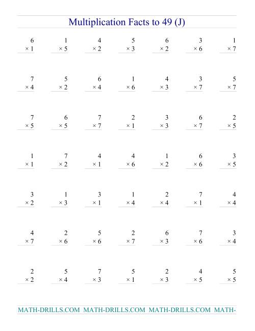 The Multiplication Facts to 49 (no zeros) (J) Math Worksheet
