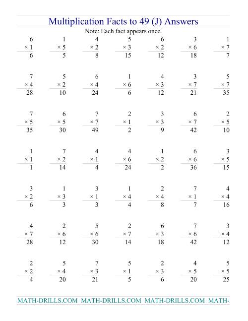 The Multiplication Facts to 49 (no zeros) (J) Math Worksheet Page 2
