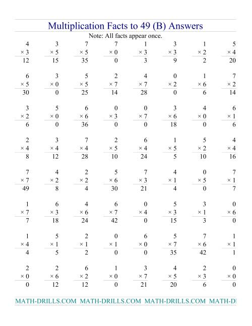 The Multiplication Facts to 49 (with zeros) (B) Math Worksheet Page 2