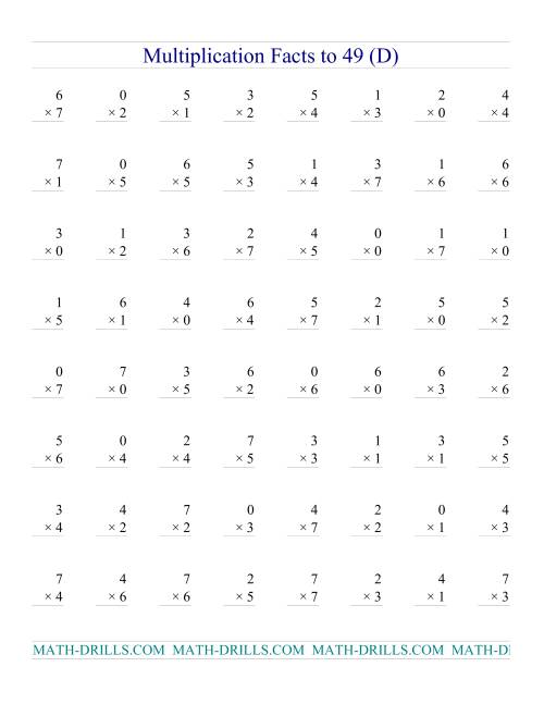 The Multiplication Facts to 49 (with zeros) (D) Math Worksheet