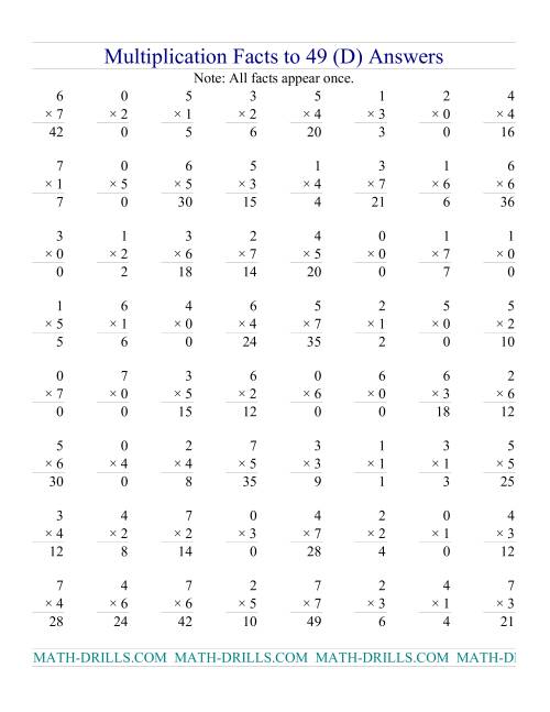 The Multiplication Facts to 49 (with zeros) (D) Math Worksheet Page 2