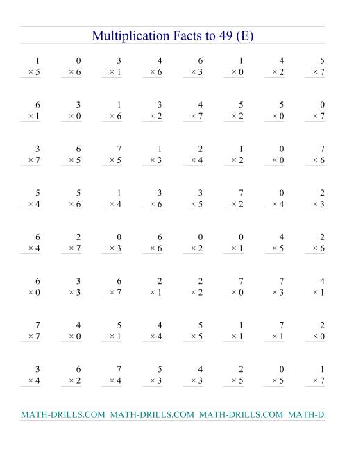The Multiplication Facts to 49 (with zeros) (E) Math Worksheet