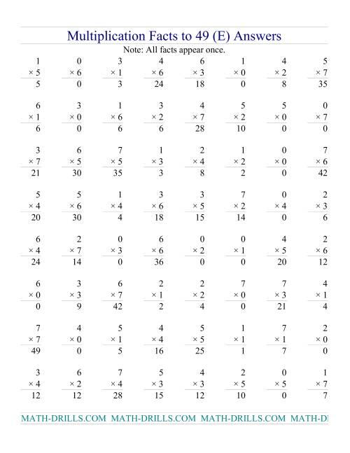 The Multiplication Facts to 49 (with zeros) (E) Math Worksheet Page 2
