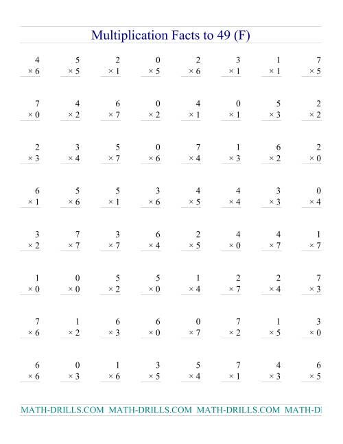 The Multiplication Facts to 49 (with zeros) (F) Math Worksheet