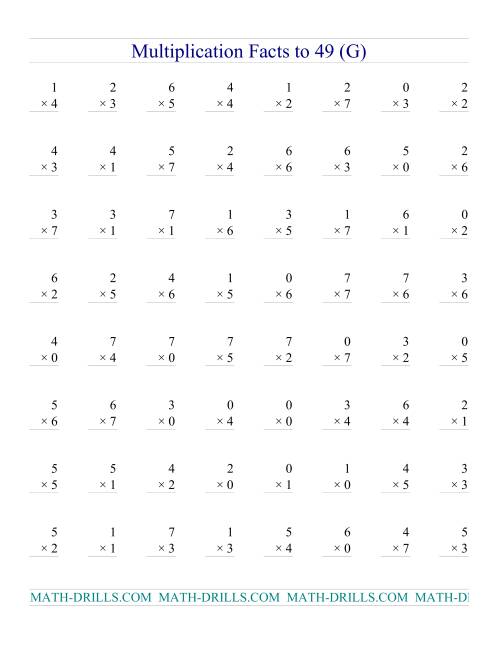 The Multiplication Facts to 49 (with zeros) (G) Math Worksheet