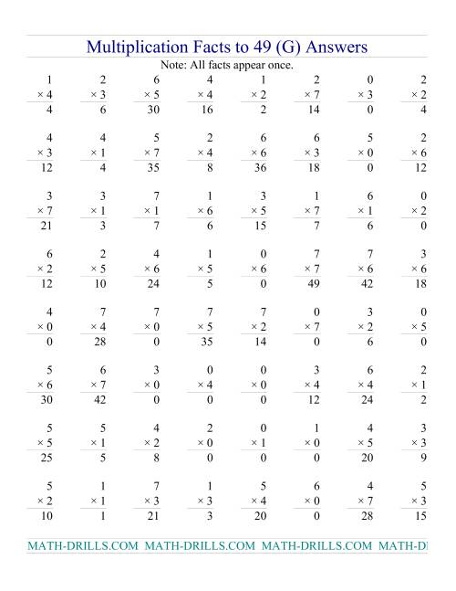 The Multiplication Facts to 49 (with zeros) (G) Math Worksheet Page 2
