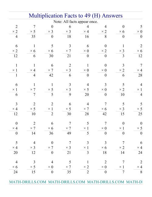 The Multiplication Facts to 49 (with zeros) (H) Math Worksheet Page 2