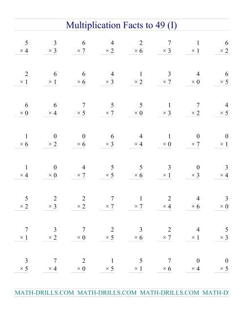 The Multiplication Facts to 49 (with zeros) (I) Math Worksheet