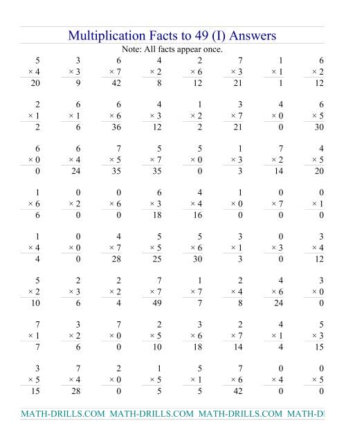 The Multiplication Facts to 49 (with zeros) (I) Math Worksheet Page 2