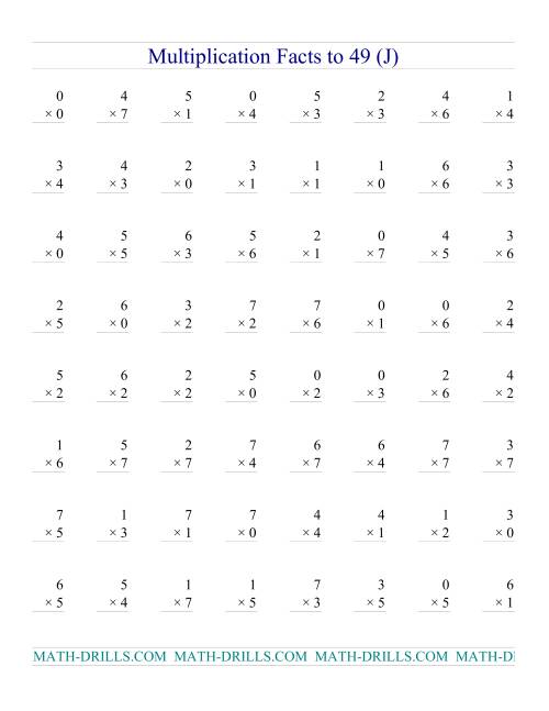 The Multiplication Facts to 49 (with zeros) (J) Math Worksheet