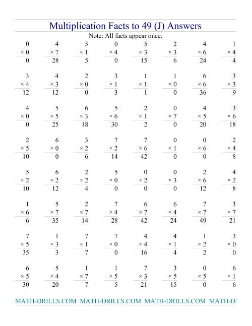 The Multiplication Facts to 49 (with zeros) (J) Math Worksheet Page 2