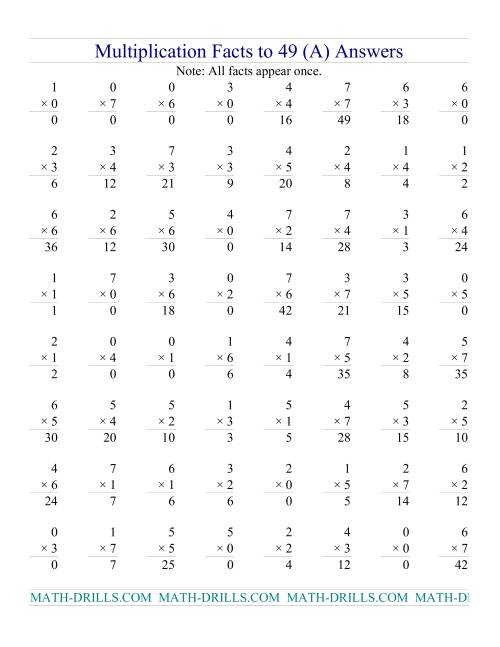 The Multiplication Facts to 49 (with zeros) (All) Math Worksheet Page 2