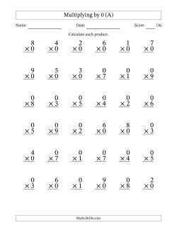 Multiplying (1 to 9) by 0 (36 Questions)