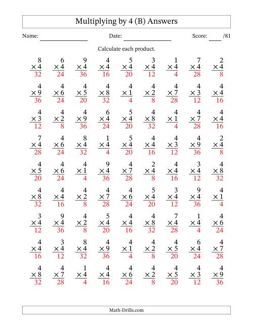 The Multiplying (1 to 9) by 4 (81 Questions) (B) Math Worksheet Page 2