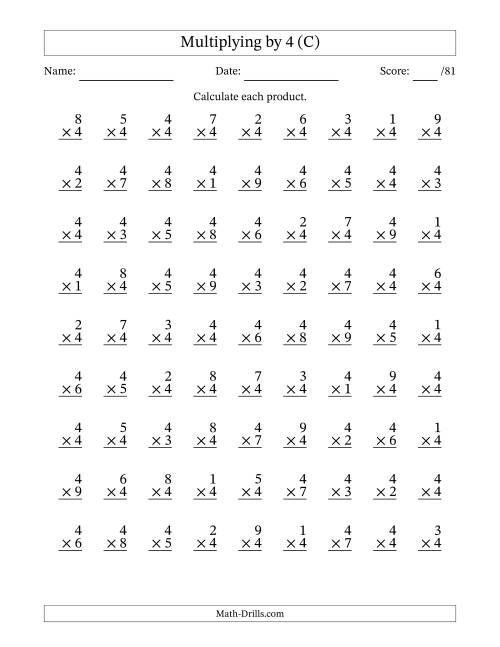 The Multiplying (1 to 9) by 4 (81 Questions) (C) Math Worksheet