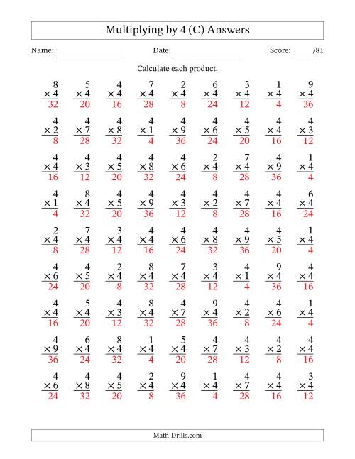 The Multiplying (1 to 9) by 4 (81 Questions) (C) Math Worksheet Page 2