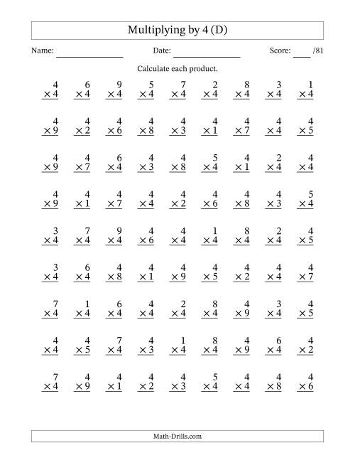 The Multiplying (1 to 9) by 4 (81 Questions) (D) Math Worksheet