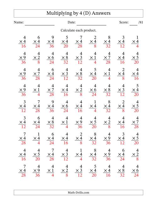 The Multiplying (1 to 9) by 4 (81 Questions) (D) Math Worksheet Page 2