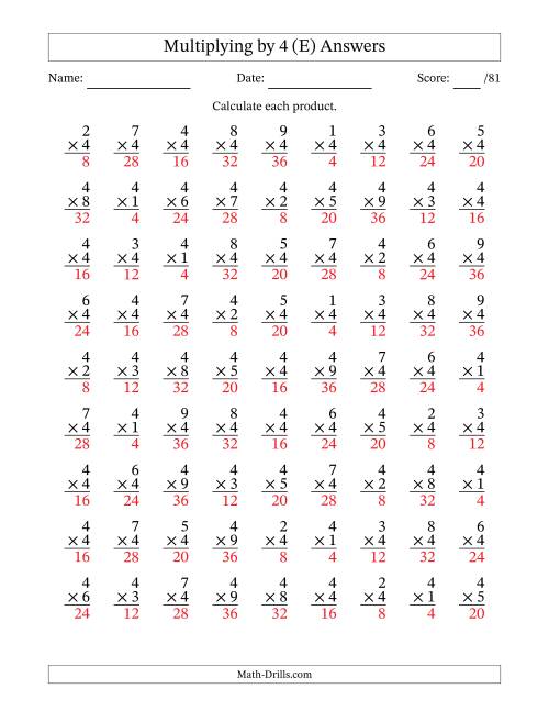 The Multiplying (1 to 9) by 4 (81 Questions) (E) Math Worksheet Page 2