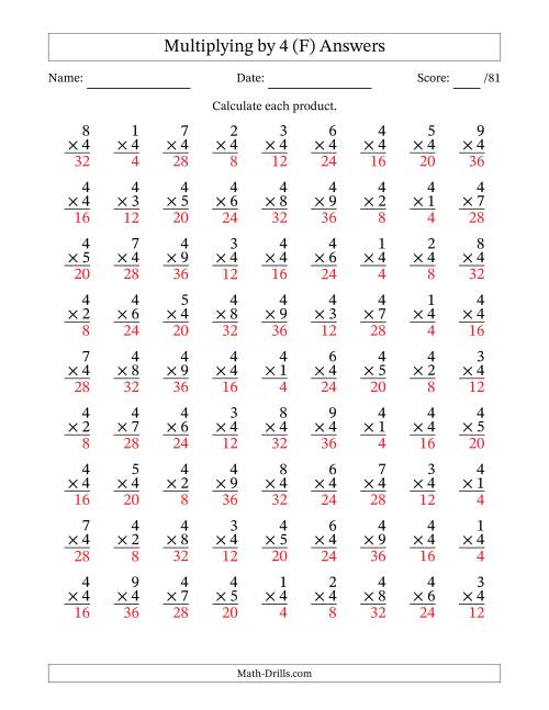 The Multiplying (1 to 9) by 4 (81 Questions) (F) Math Worksheet Page 2