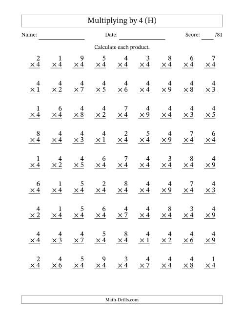The Multiplying (1 to 9) by 4 (81 Questions) (H) Math Worksheet