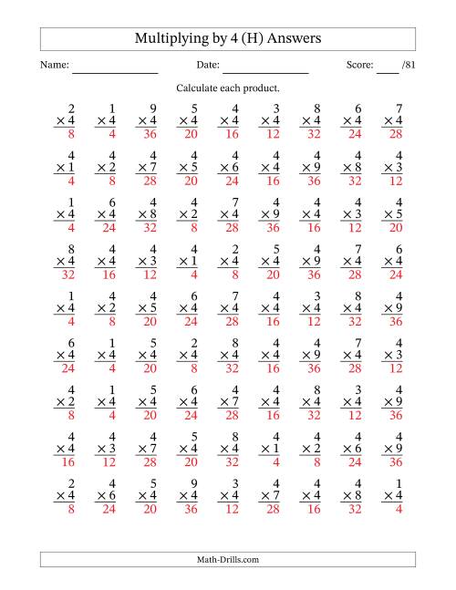 The Multiplying (1 to 9) by 4 (81 Questions) (H) Math Worksheet Page 2