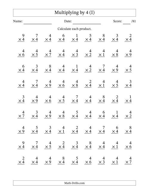 The Multiplying (1 to 9) by 4 (81 Questions) (I) Math Worksheet