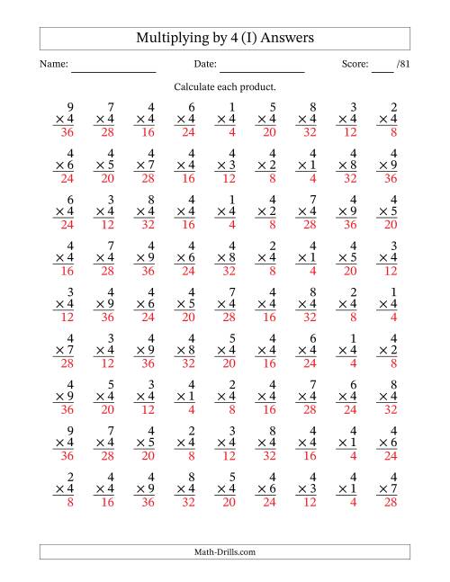 The Multiplying (1 to 9) by 4 (81 Questions) (I) Math Worksheet Page 2