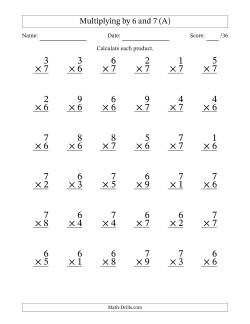 Multiplying (1 to 9) by 6 and 7 (36 Questions)