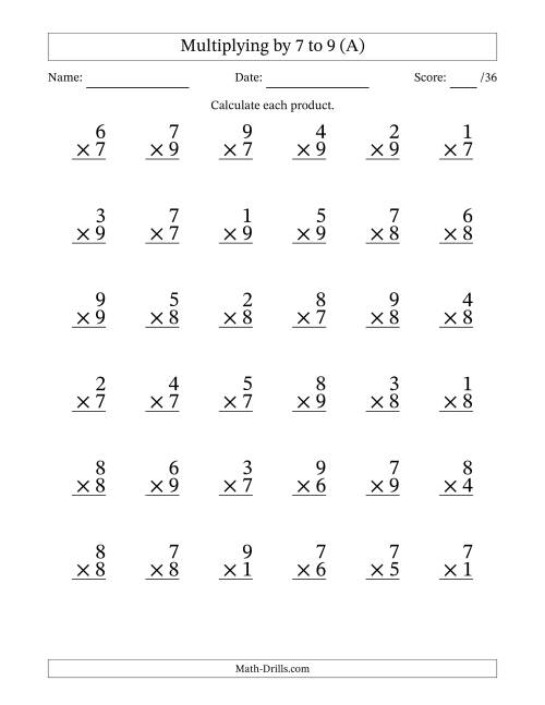 The Multiplying (1 to 9) by 7 to 9 (36 Questions) (A) Math Worksheet