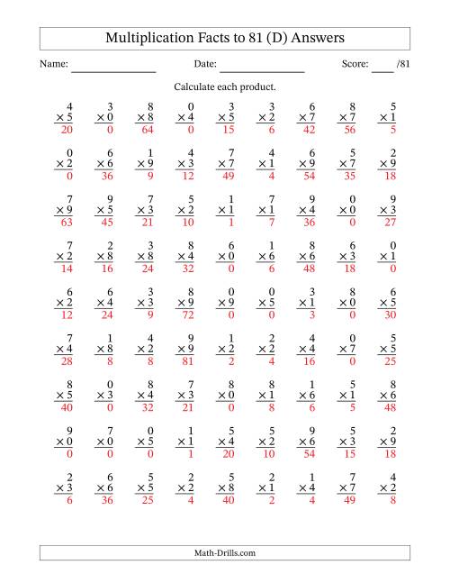 The Multiplication Facts to 81 (81 Questions) (With Zeros) (D) Math Worksheet Page 2