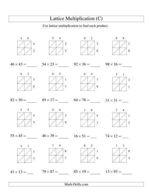The Lattice Multiplication -- Two-digit by Two-digit (C) Math Worksheet