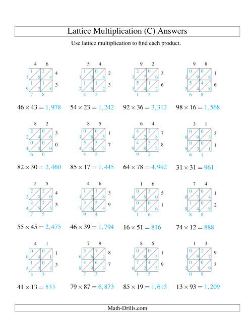 The Lattice Multiplication -- Two-digit by Two-digit (C) Math Worksheet Page 2