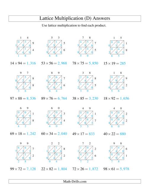 The Lattice Multiplication -- Two-digit by Two-digit (D) Math Worksheet Page 2
