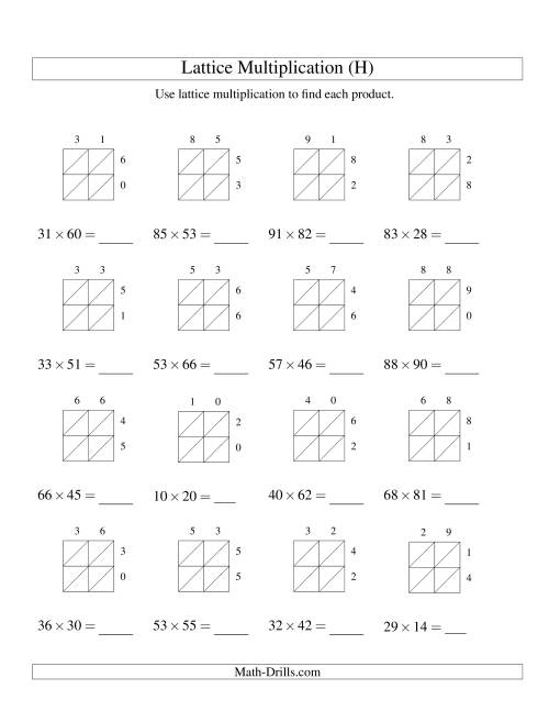 The Lattice Multiplication -- Two-digit by Two-digit (H) Math Worksheet