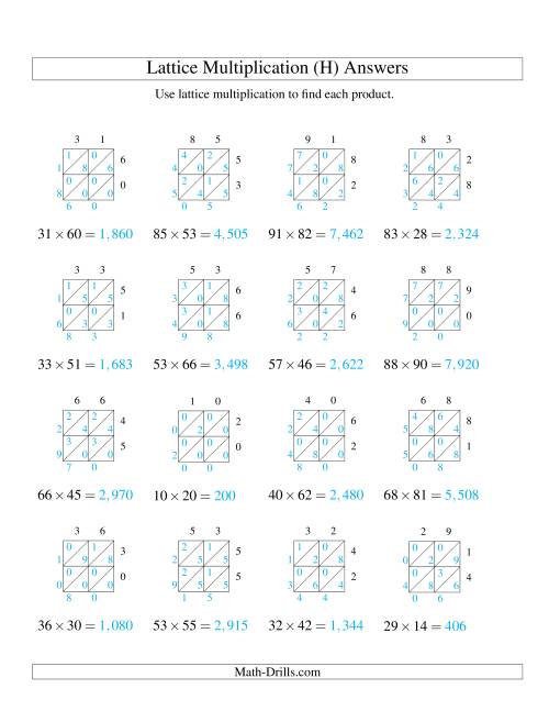 The Lattice Multiplication -- Two-digit by Two-digit (H) Math Worksheet Page 2