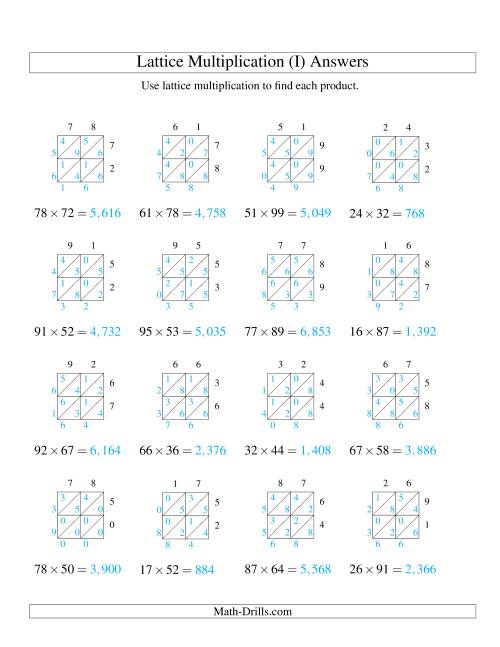 The Lattice Multiplication -- Two-digit by Two-digit (I) Math Worksheet Page 2
