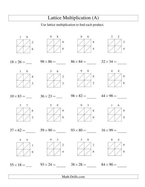The Lattice Multiplication -- Two-digit by Two-digit (All) Math Worksheet