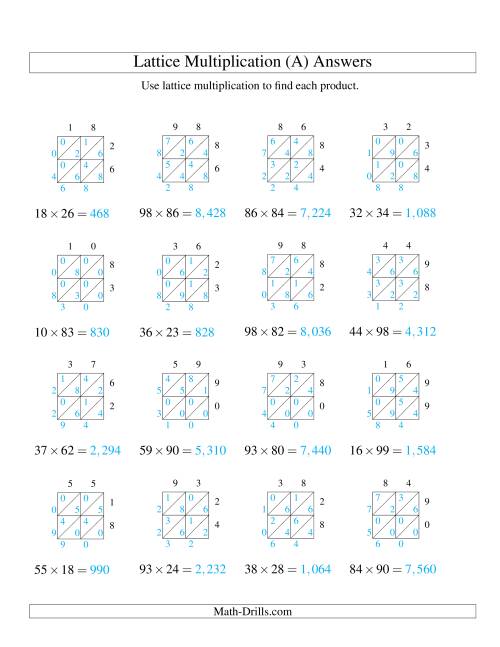 The Lattice Multiplication -- Two-digit by Two-digit (All) Math Worksheet Page 2