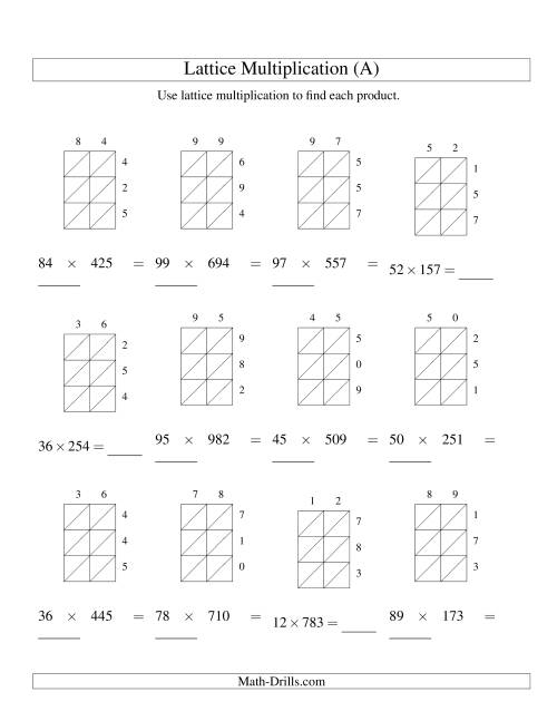 The Lattice Multiplication -- Two-digit by Three-digit (A) Math Worksheet