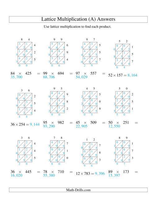 The Lattice Multiplication -- Two-digit by Three-digit (A) Math Worksheet Page 2