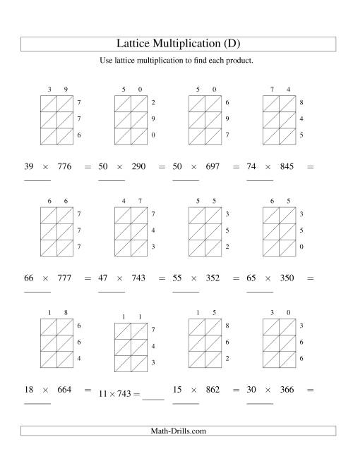 The Lattice Multiplication -- Two-digit by Three-digit (D) Math Worksheet