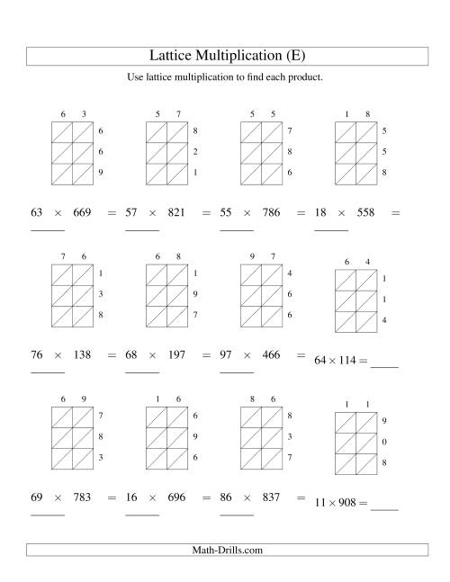 The Lattice Multiplication -- Two-digit by Three-digit (E) Math Worksheet