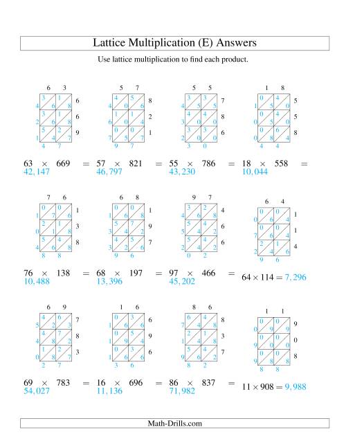 The Lattice Multiplication -- Two-digit by Three-digit (E) Math Worksheet Page 2