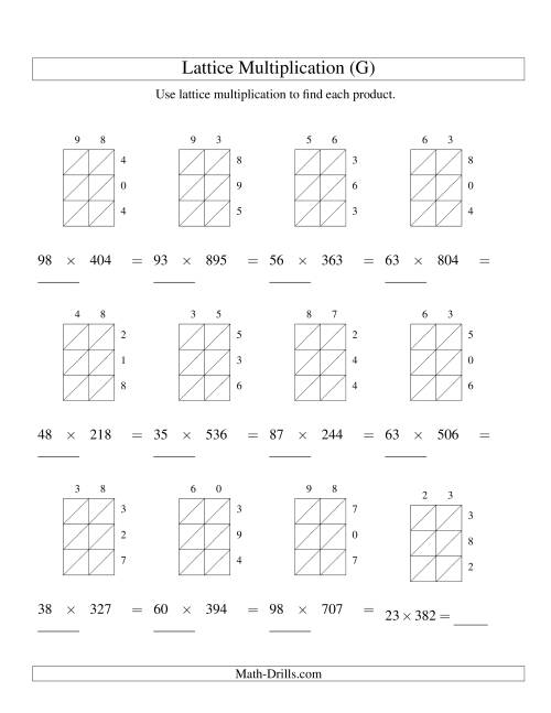 The Lattice Multiplication -- Two-digit by Three-digit (G) Math Worksheet