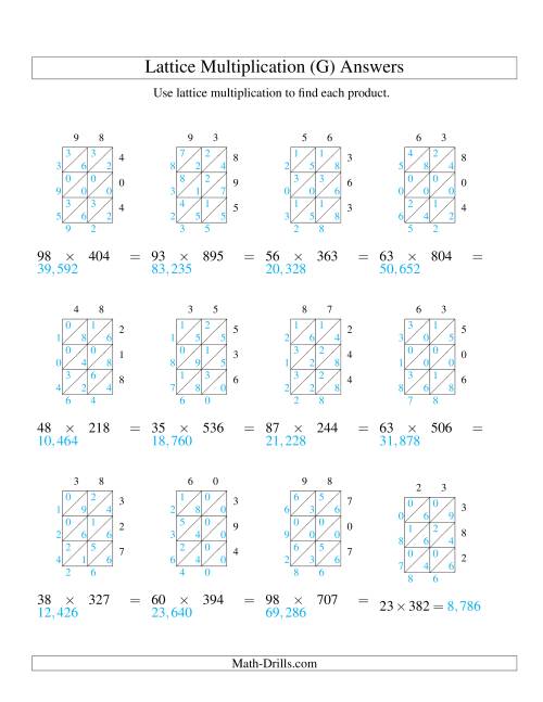 The Lattice Multiplication -- Two-digit by Three-digit (G) Math Worksheet Page 2
