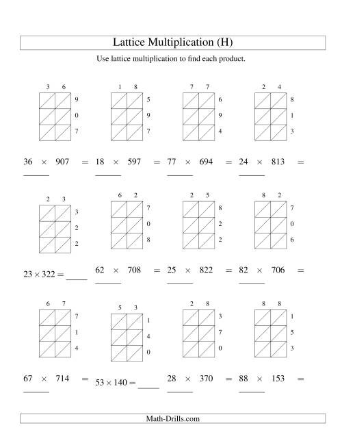 The Lattice Multiplication -- Two-digit by Three-digit (H) Math Worksheet